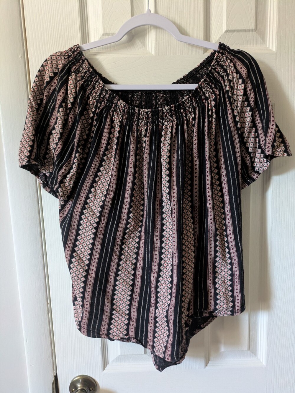 Off-Shoulder Stripe Boho Peasant Top - Retro Cotton Blouse Geometric